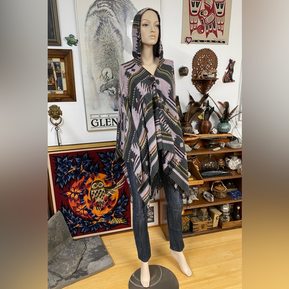 Green and Cream Hooded Poncho with Dramatic Draping